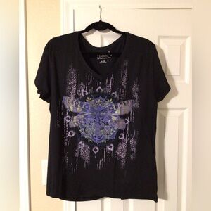 New Hanes Black and Purple Dragonfly Graphic Short Sleeve V Neck Tee